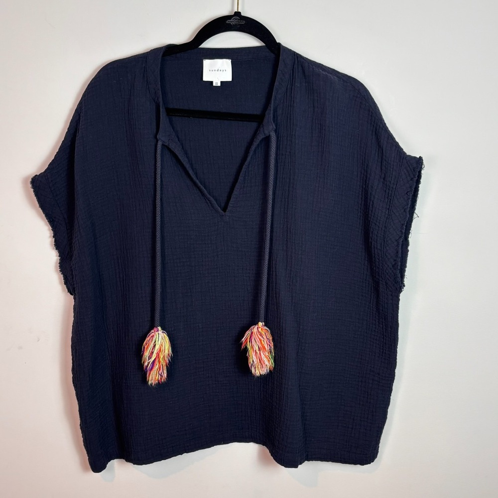 sundays womens navy blue gauzy tassled boho lightweight top One Size Resortwear